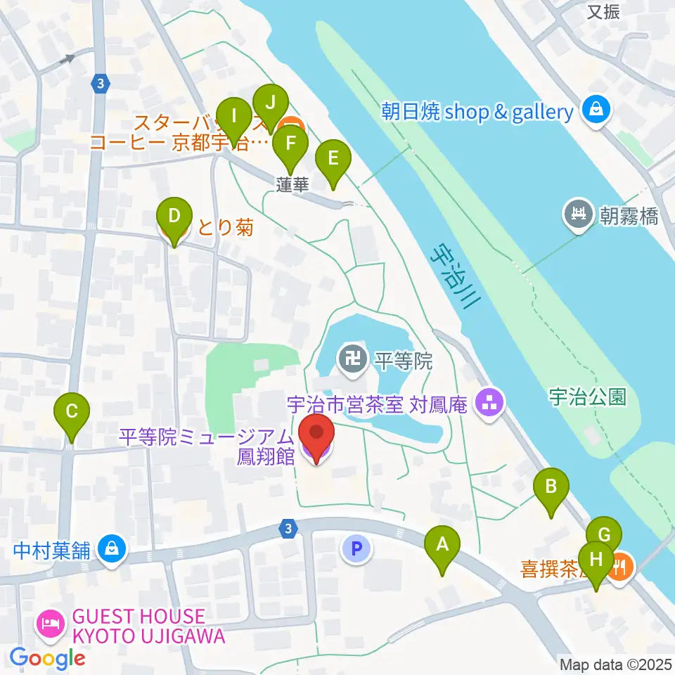 平等院ミュージアム鳳翔館周辺のファミレス・ファーストフード一覧地図