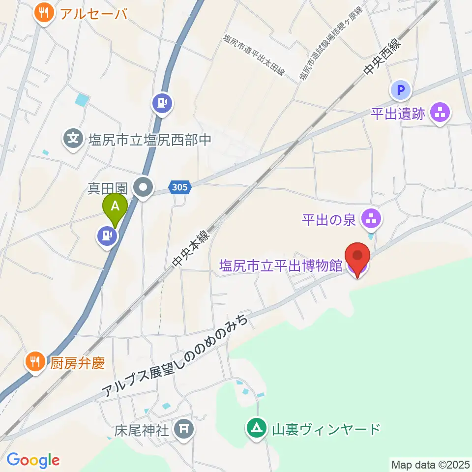 塩尻市立平出博物館周辺のファミレス・ファーストフード一覧地図