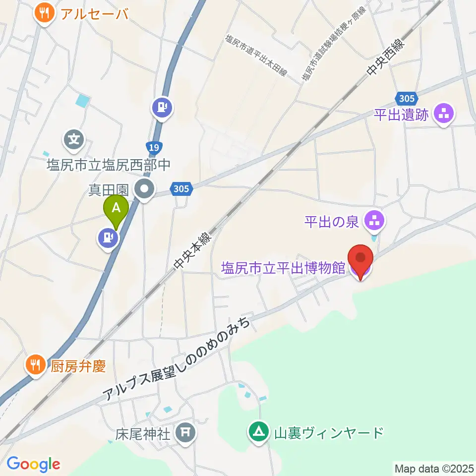 塩尻市立平出博物館周辺のファミレス・ファーストフード一覧地図