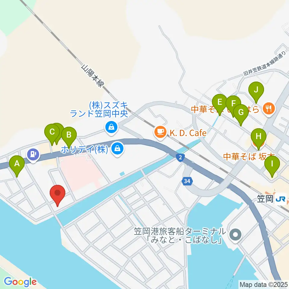 笠岡市立郷土館周辺のファミレス・ファーストフード一覧地図