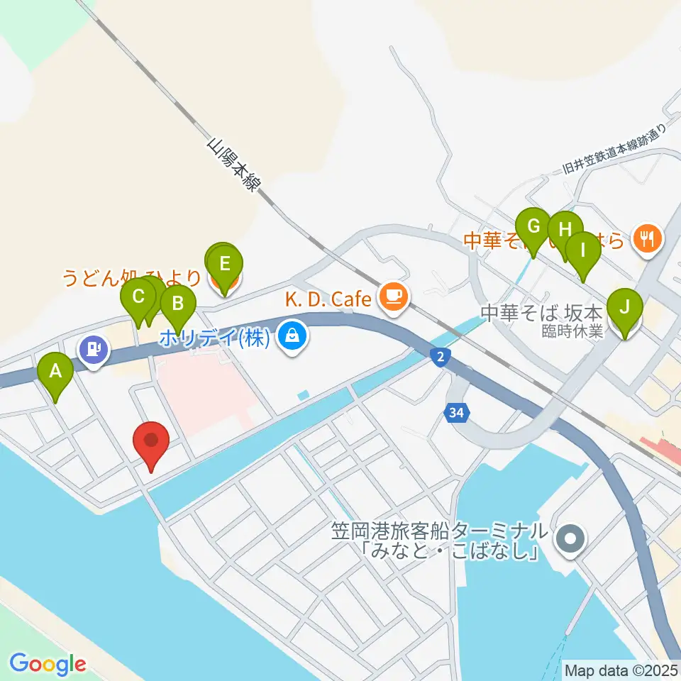 笠岡市立郷土館周辺のファミレス・ファーストフード一覧地図