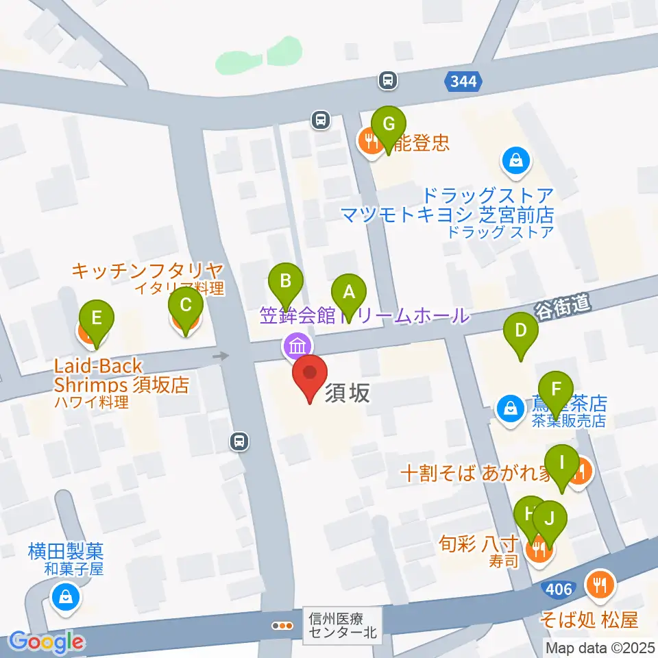 須坂市笠鉾会館ドリームホール周辺のファミレス・ファーストフード一覧地図