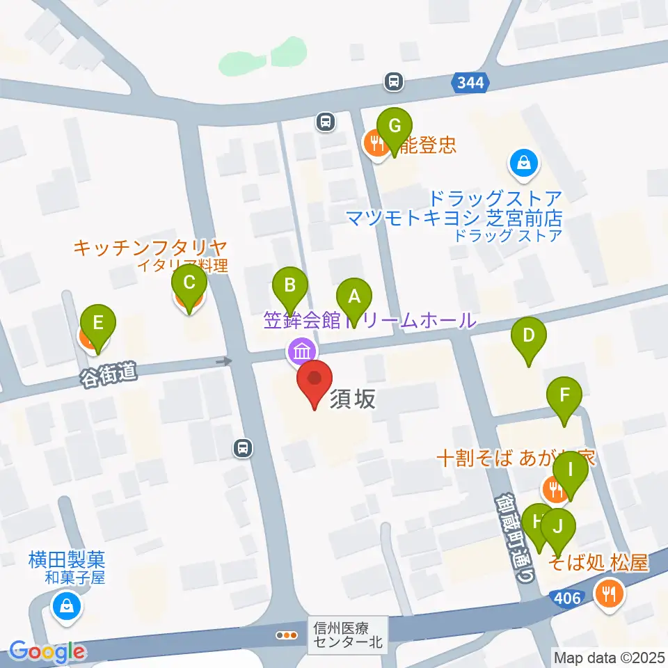 須坂市笠鉾会館ドリームホール周辺のファミレス・ファーストフード一覧地図