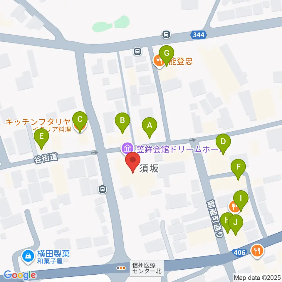 須坂市笠鉾会館ドリームホール周辺のファミレス・ファーストフード一覧地図