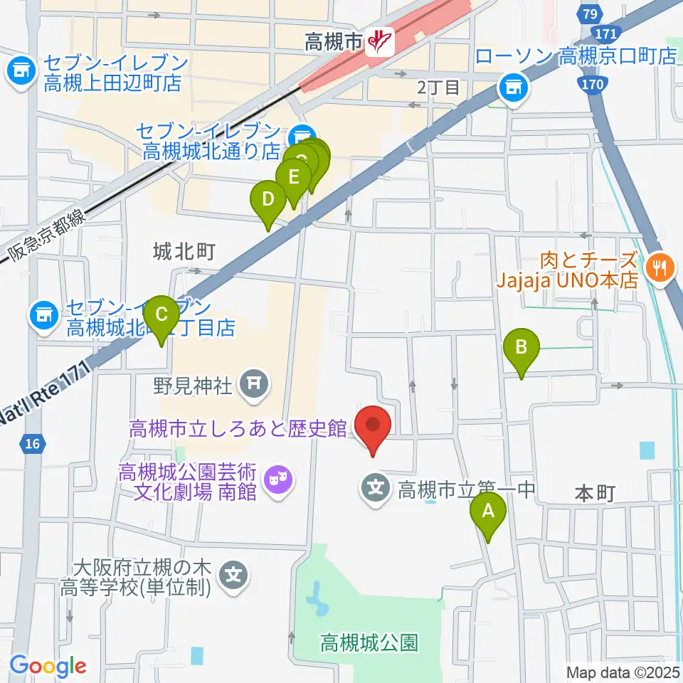 高槻市立しろあと歴史館周辺のファミレス・ファーストフード一覧地図