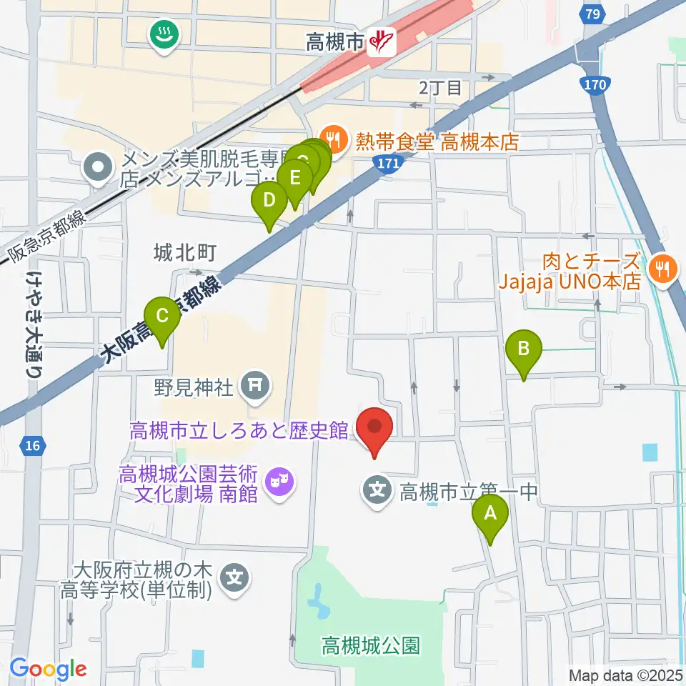 高槻市立しろあと歴史館周辺のファミレス・ファーストフード一覧地図