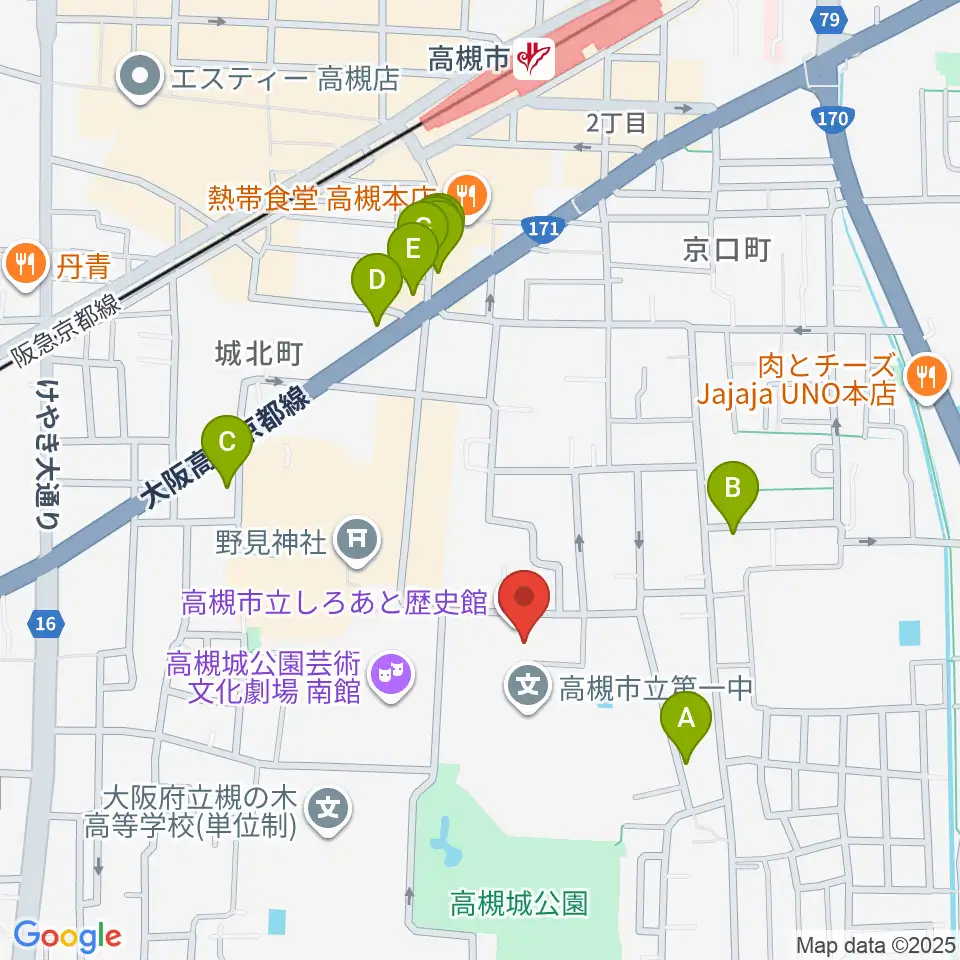 高槻市立しろあと歴史館周辺のファミレス・ファーストフード一覧地図