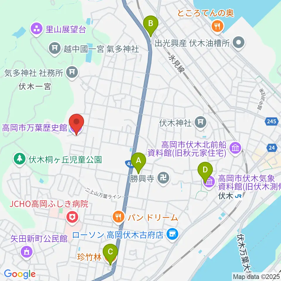 高岡市万葉歴史館周辺のファミレス・ファーストフード一覧地図