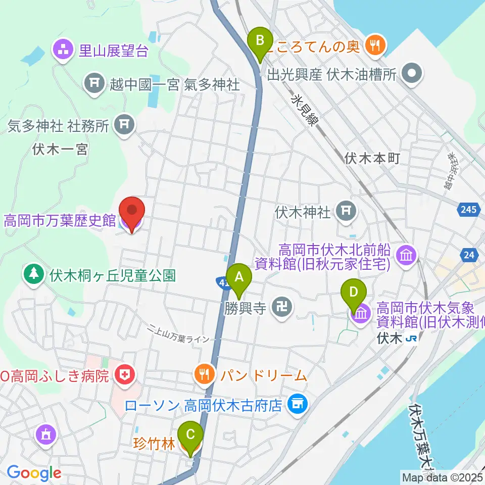 高岡市万葉歴史館周辺のファミレス・ファーストフード一覧地図