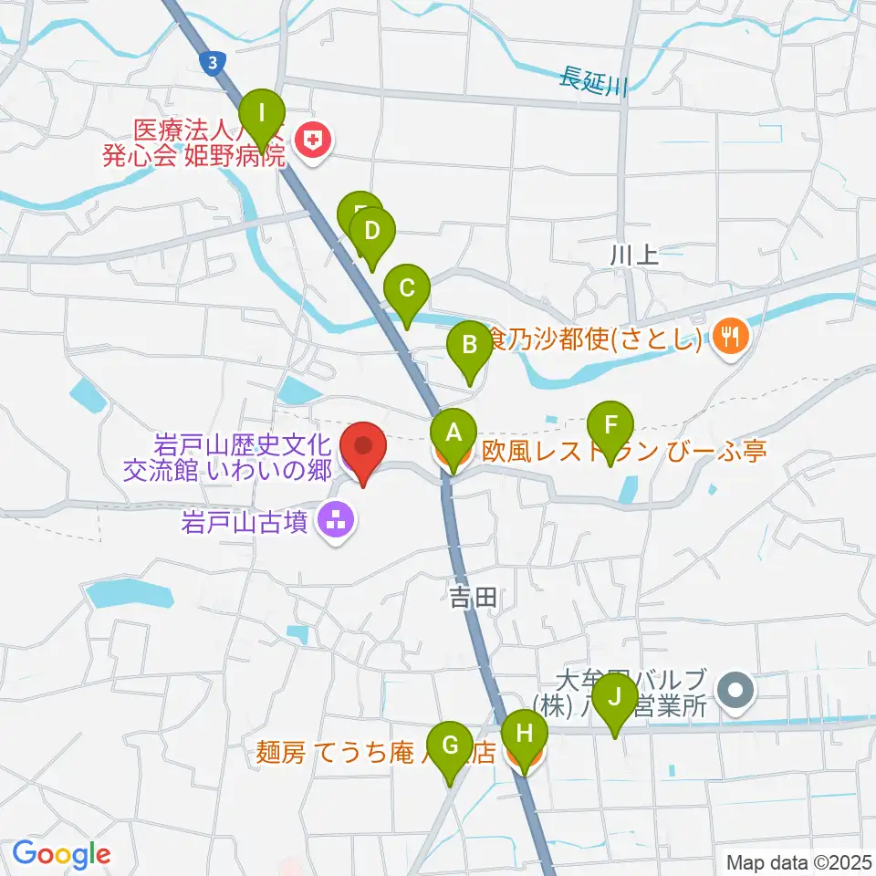 岩戸山歴史文化交流館 いわいの郷周辺のファミレス・ファーストフード一覧地図