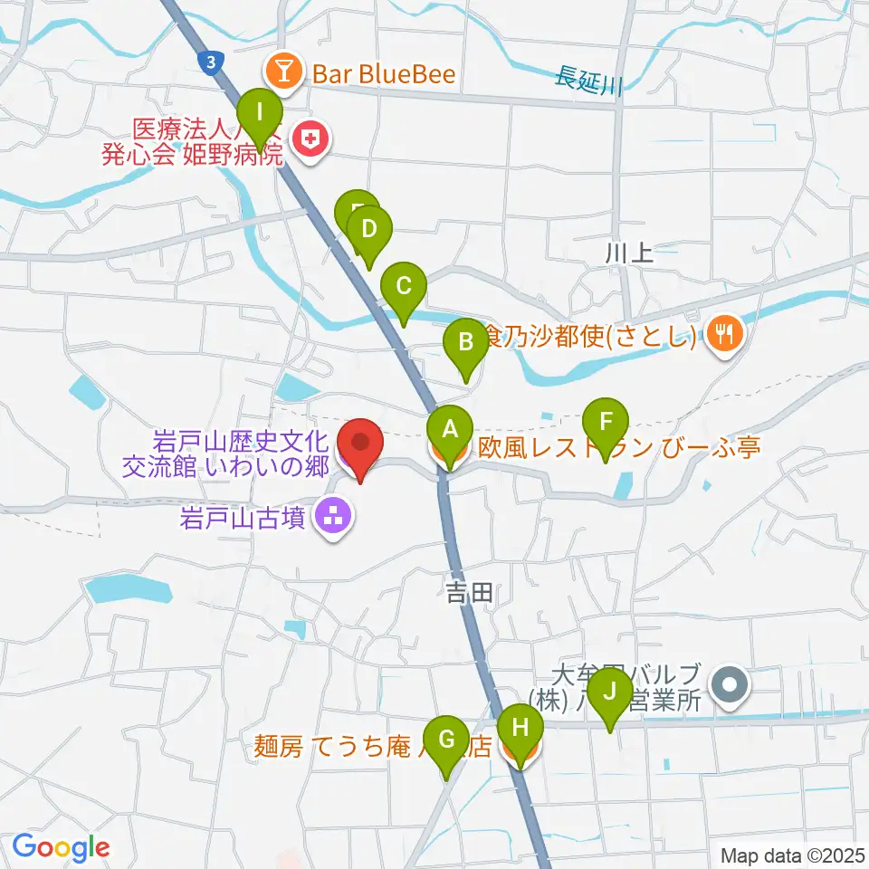 岩戸山歴史文化交流館 いわいの郷周辺のファミレス・ファーストフード一覧地図