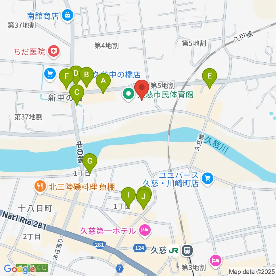 久慈市マリンアリーナ周辺のファミレス・ファーストフード一覧地図