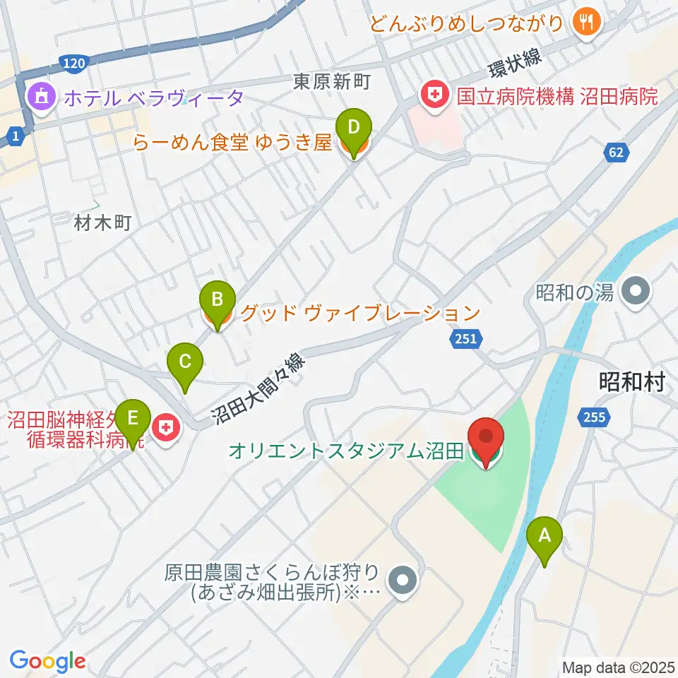 オリエントスタジアムぬまた周辺のファミレス・ファーストフード一覧地図
