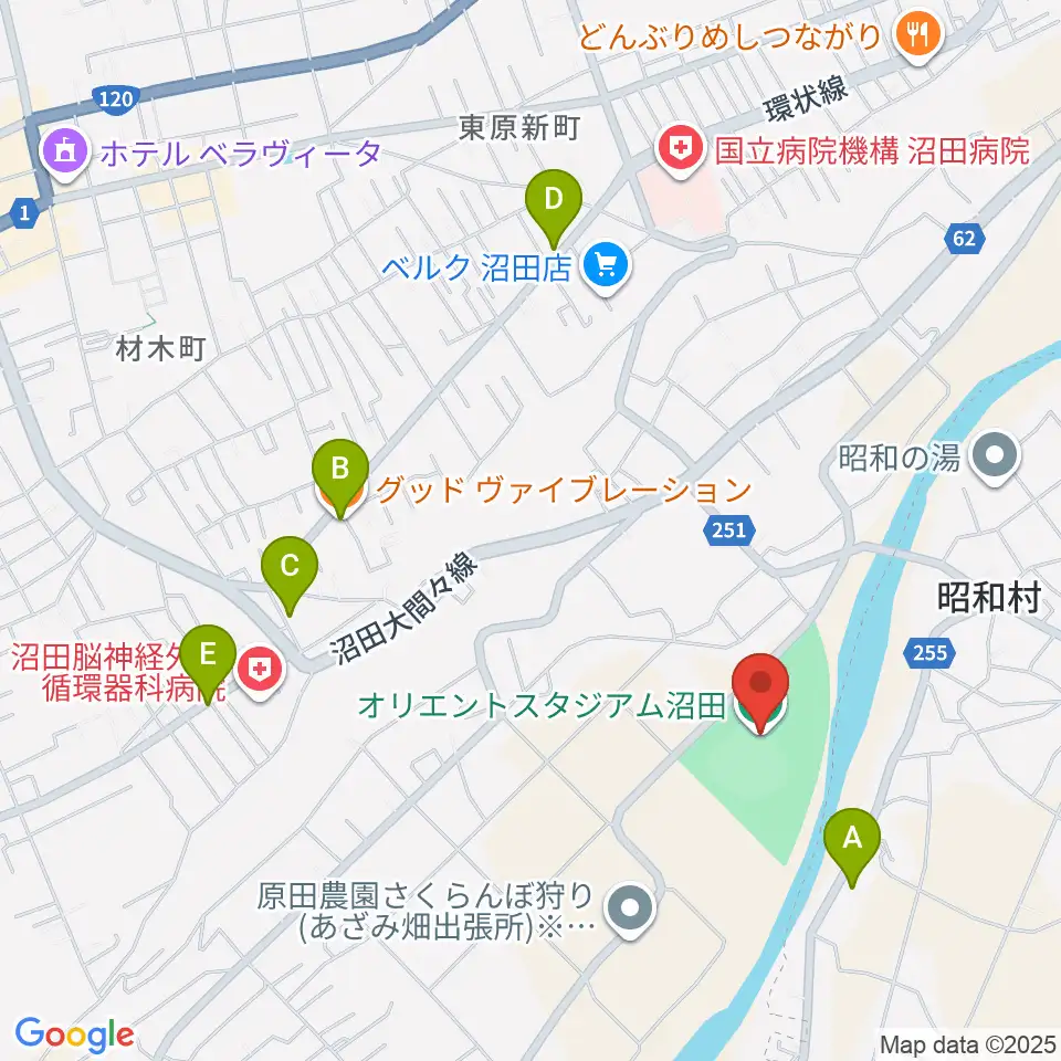 オリエントスタジアムぬまた周辺のファミレス・ファーストフード一覧地図