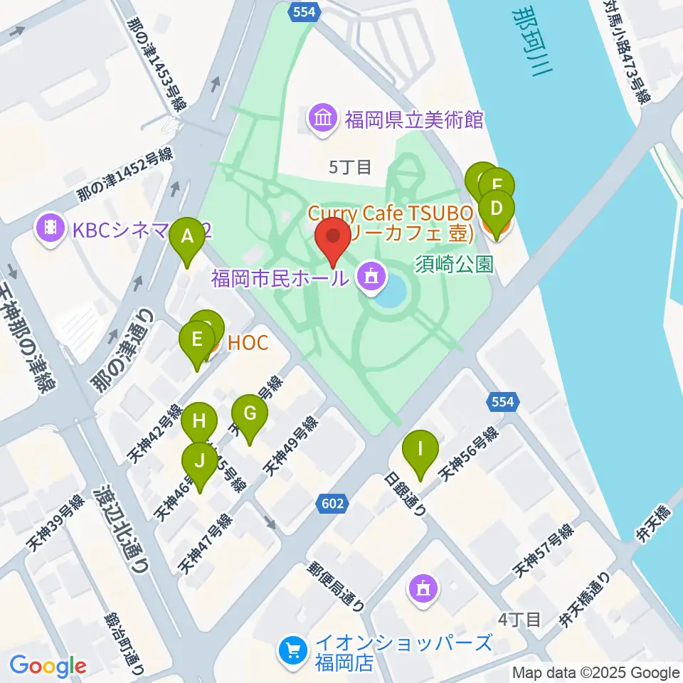 福岡市民ホール周辺のファミレス・ファーストフード一覧地図