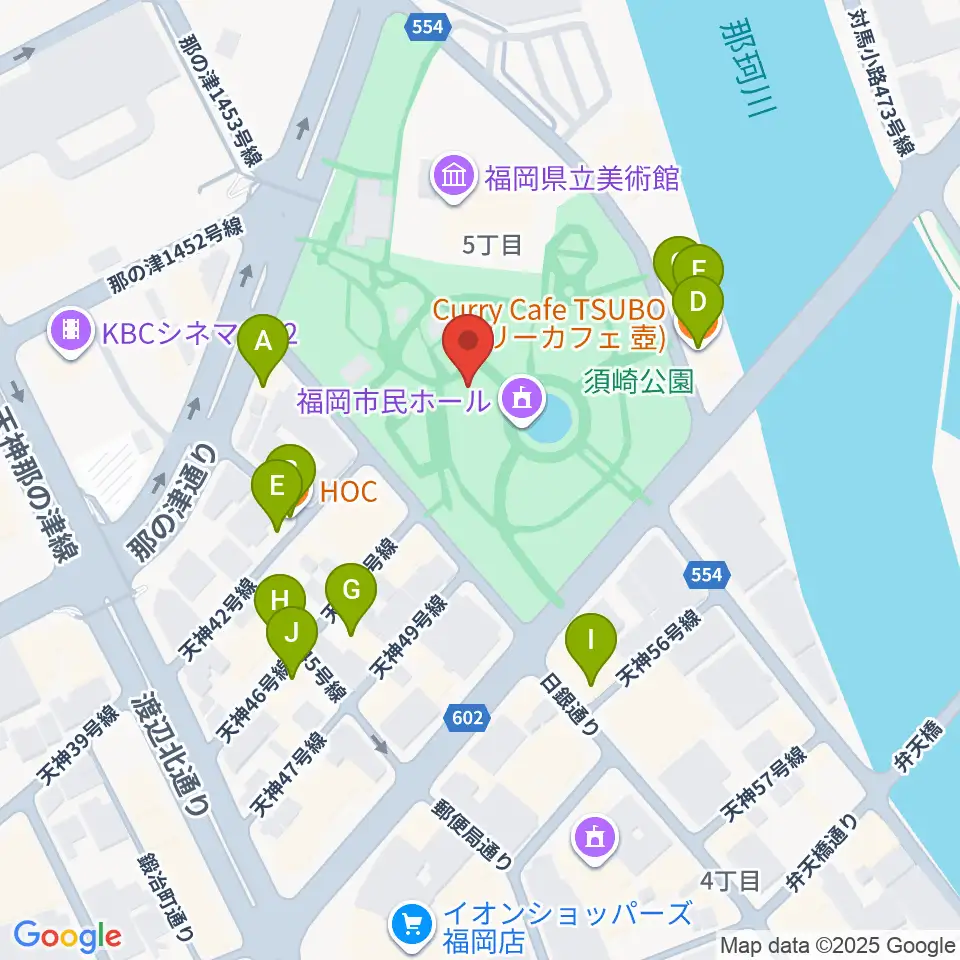 福岡市民ホール周辺のファミレス・ファーストフード一覧地図
