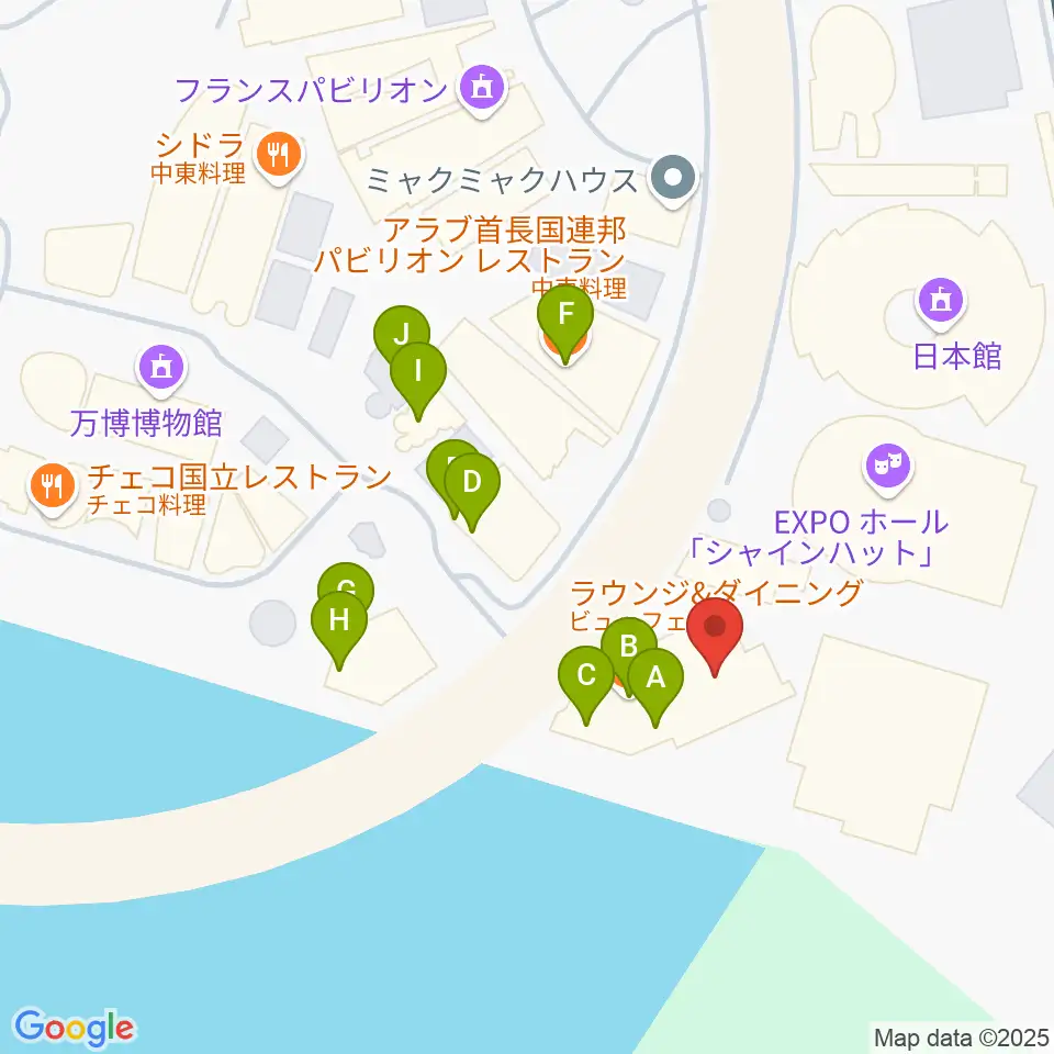 EXPOナショナルデーホール レイガーデン周辺のファミレス・ファーストフード一覧地図