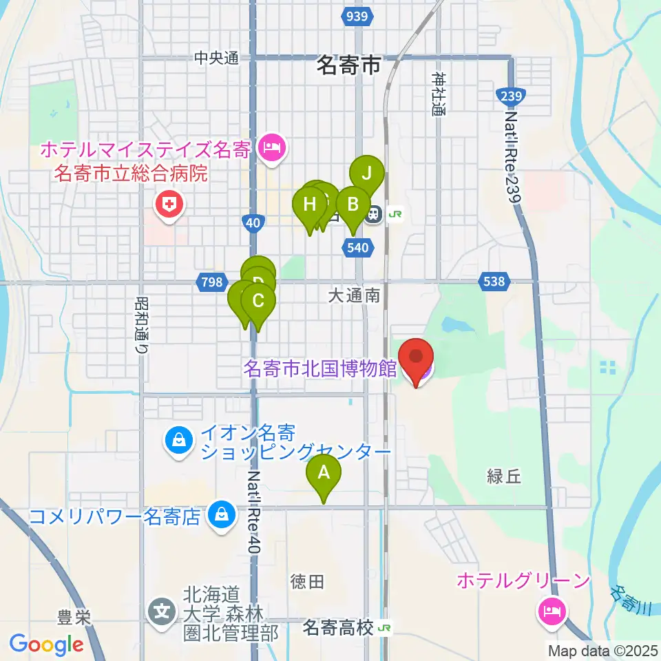 名寄市北国博物館周辺のファミレス・ファーストフード一覧地図