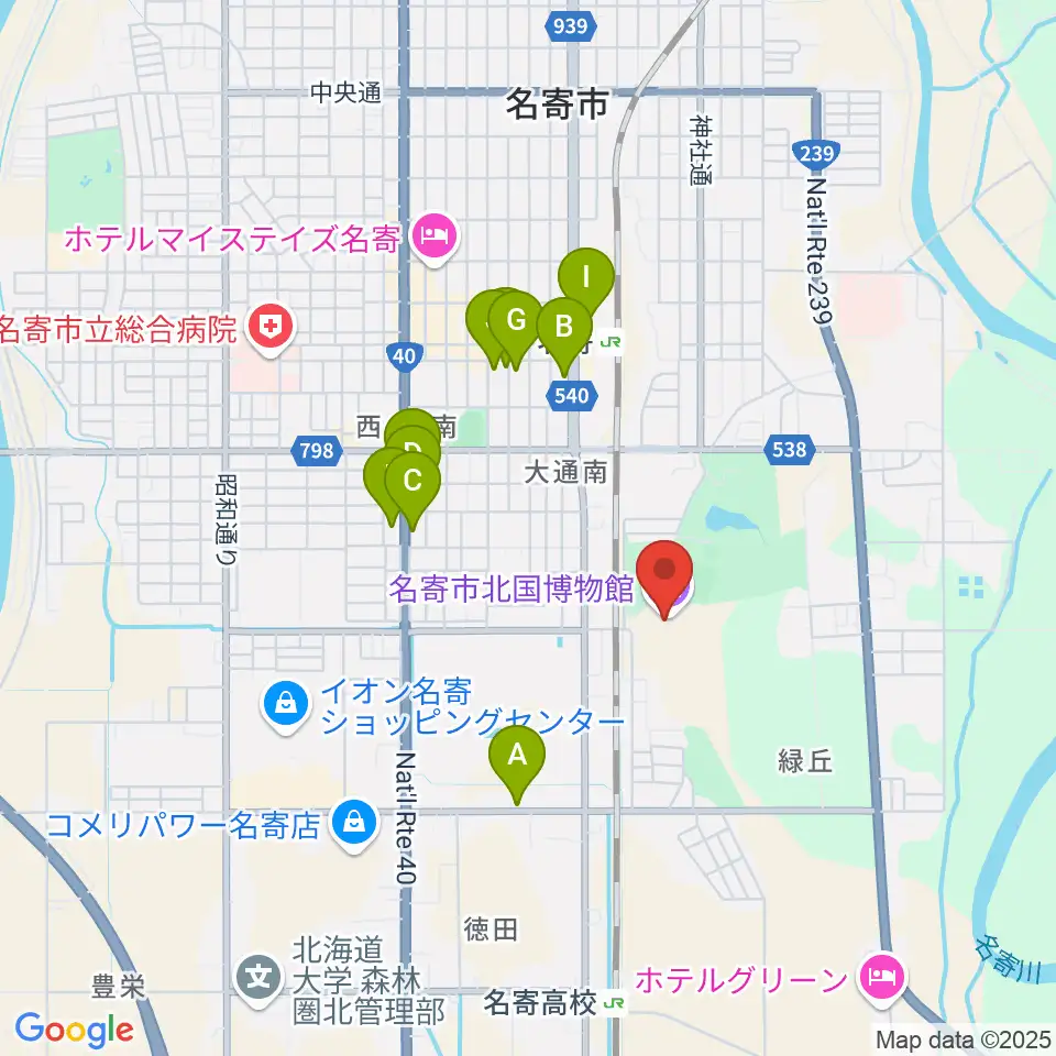 名寄市北国博物館周辺のファミレス・ファーストフード一覧地図