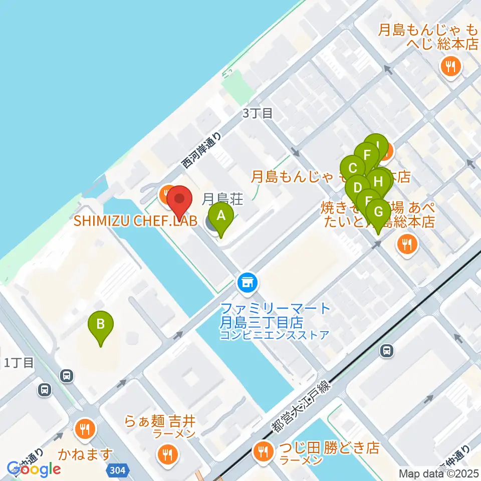 月島ピアノアートサロン周辺のファミレス・ファーストフード一覧地図