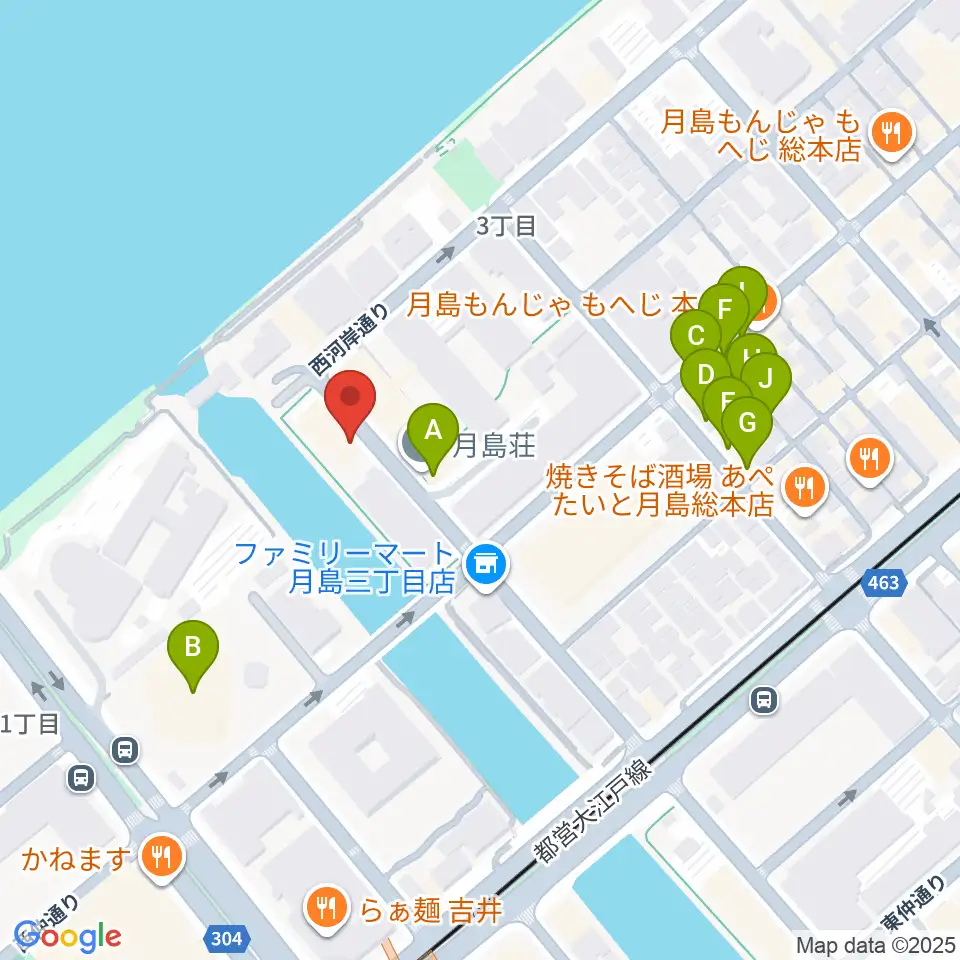 月島ピアノアートサロン周辺のファミレス・ファーストフード一覧地図