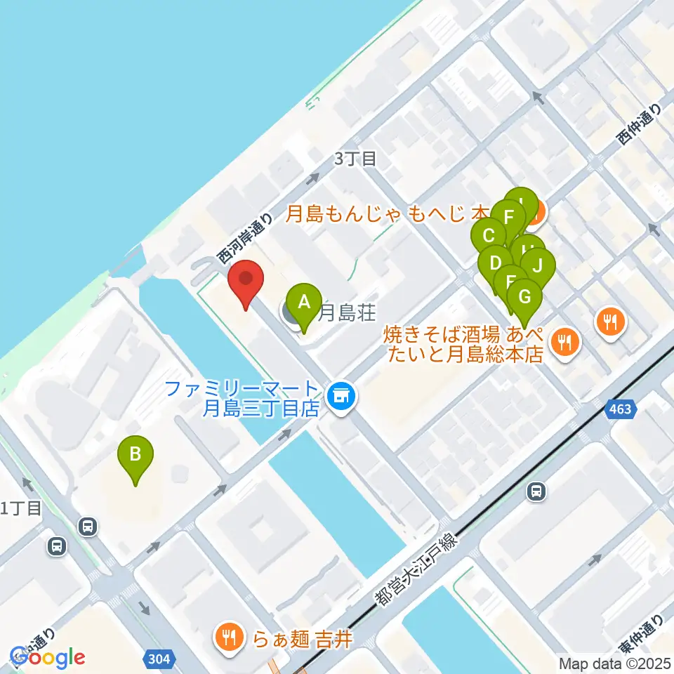 月島ピアノアートサロン周辺のファミレス・ファーストフード一覧地図