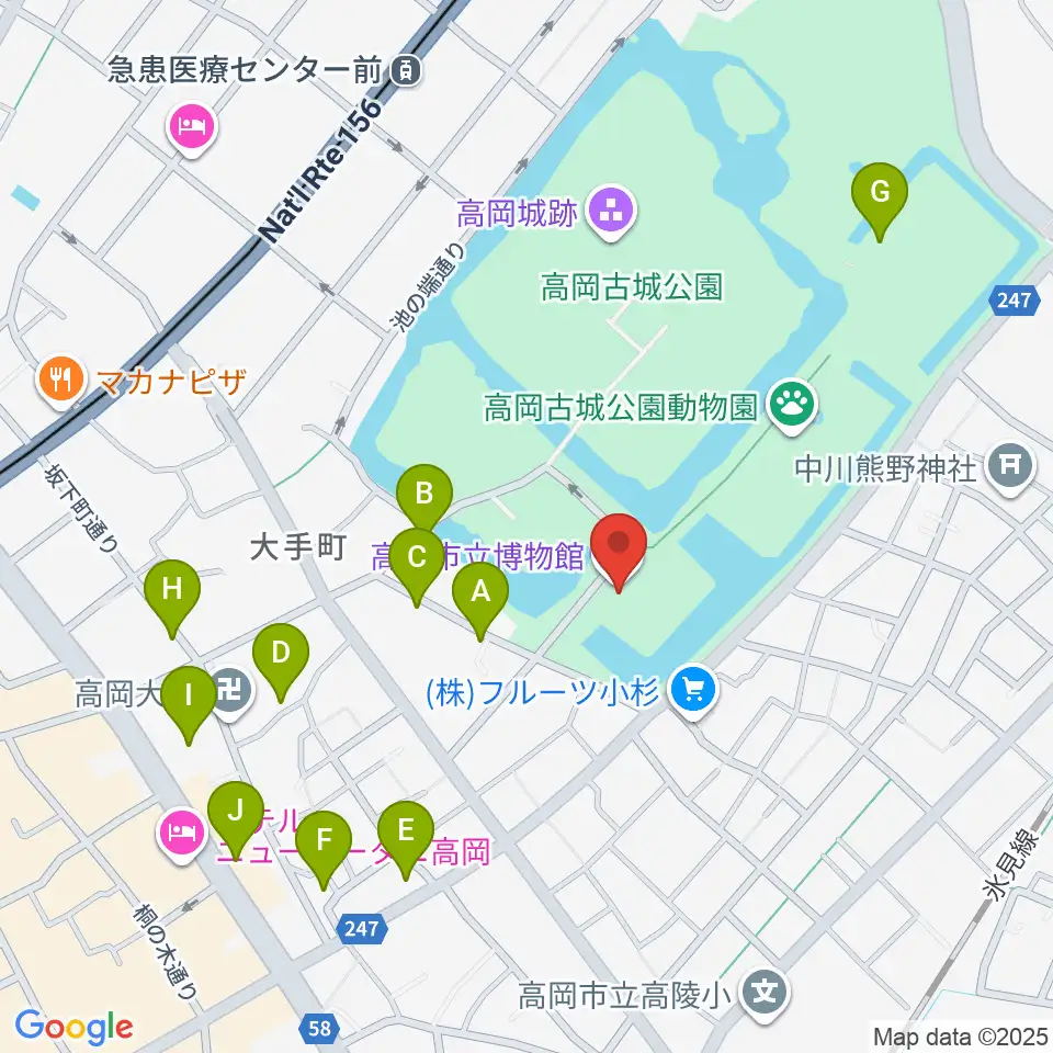 高岡市立博物館周辺のファミレス・ファーストフード一覧地図