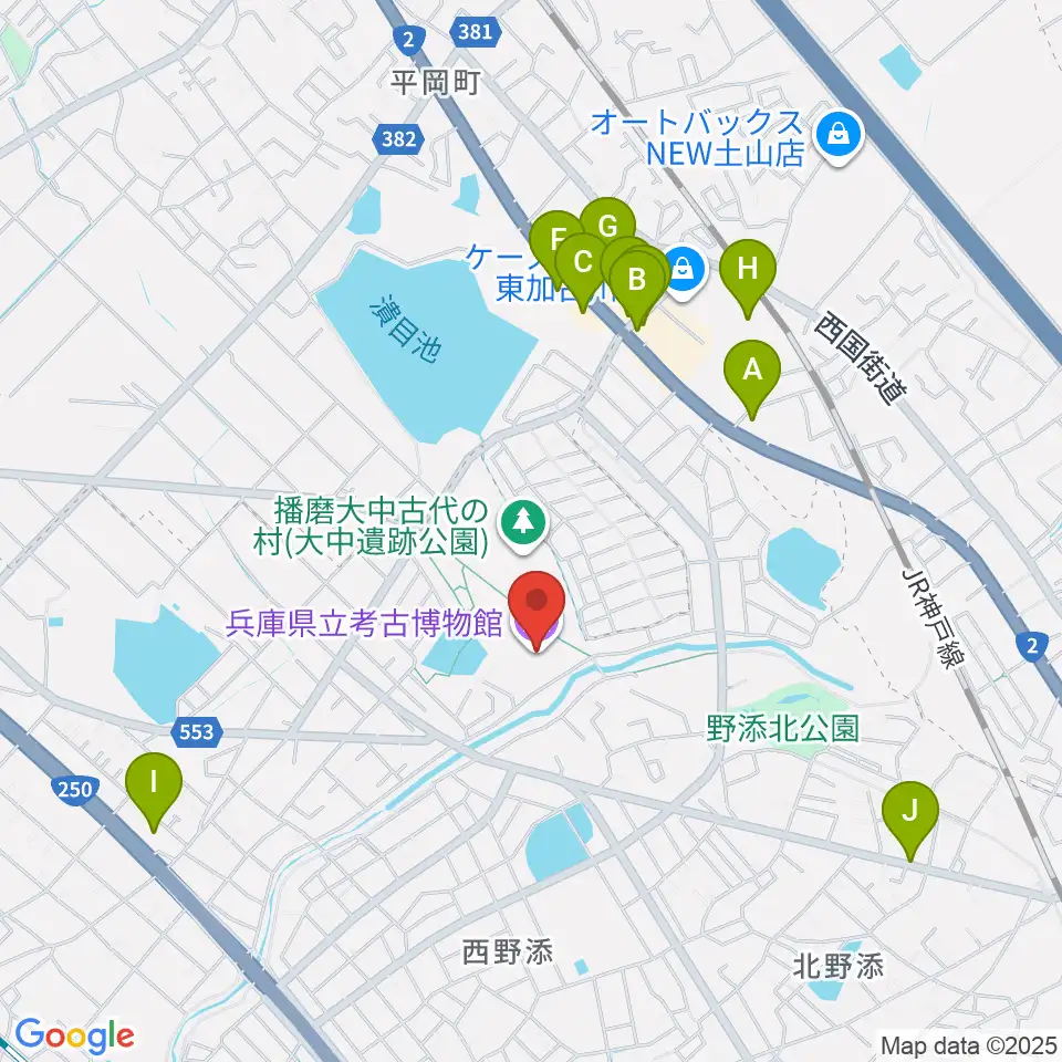 兵庫県立考古博物館周辺のファミレス・ファーストフード一覧地図