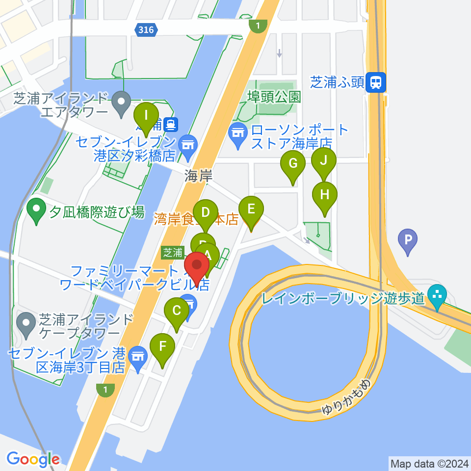 芝浦スタジオ周辺のファミレス・ファーストフード一覧地図