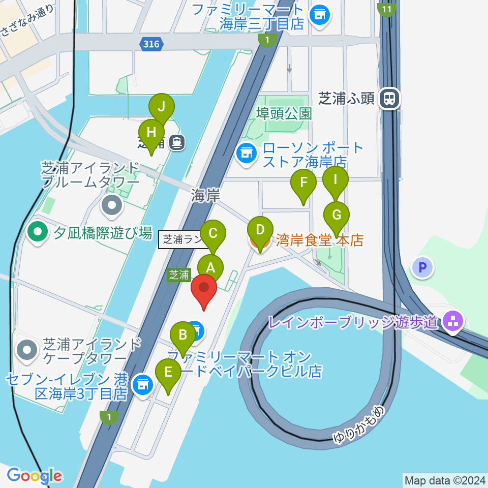 芝浦スタジオ周辺のファミレス・ファーストフード一覧地図