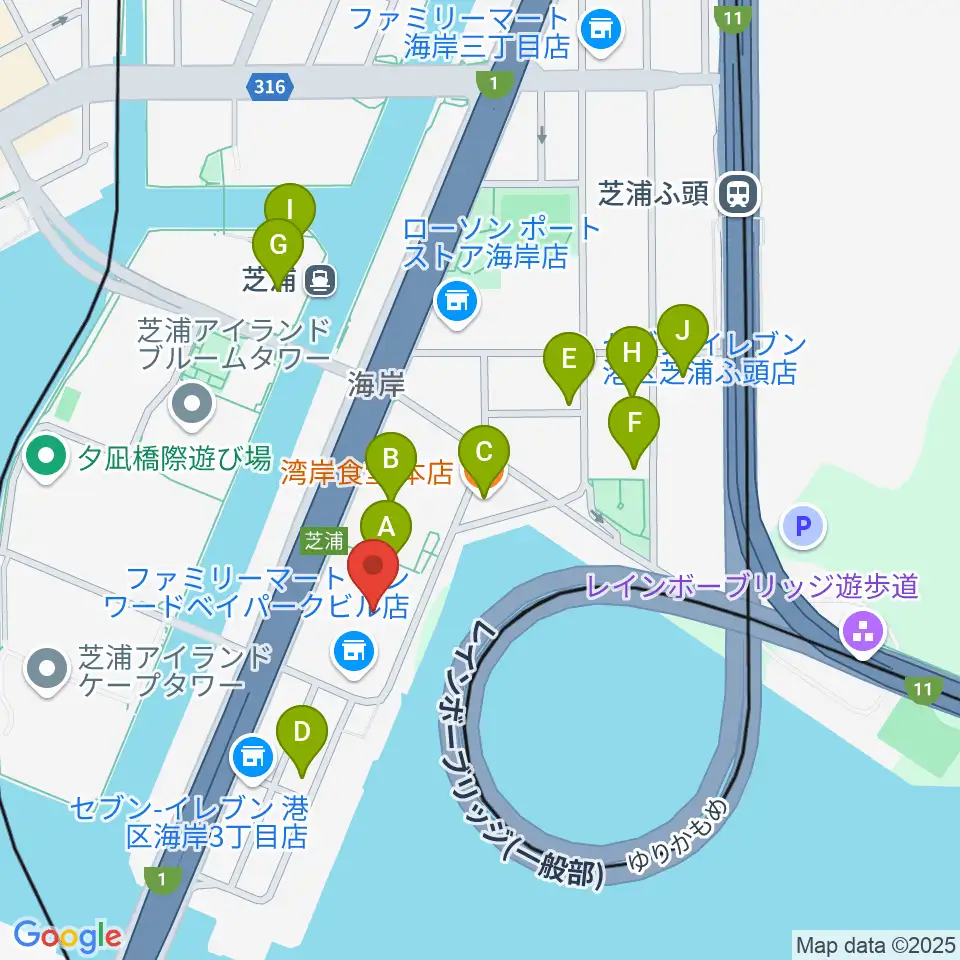 芝浦スタジオ周辺のファミレス・ファーストフード一覧地図