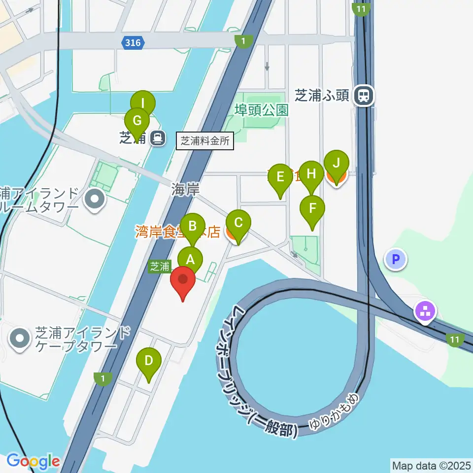 芝浦スタジオ周辺のファミレス・ファーストフード一覧地図