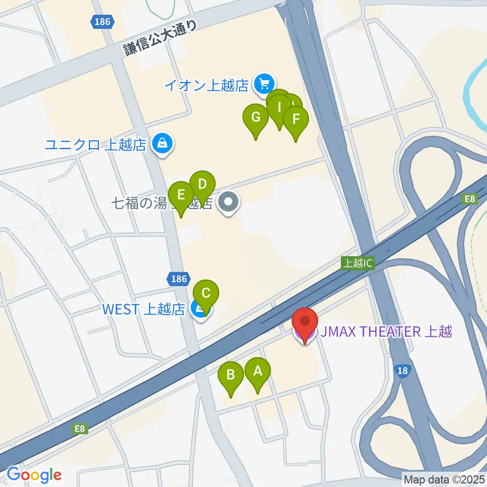 JMAXシアター上越周辺のファミレス・ファーストフード一覧地図