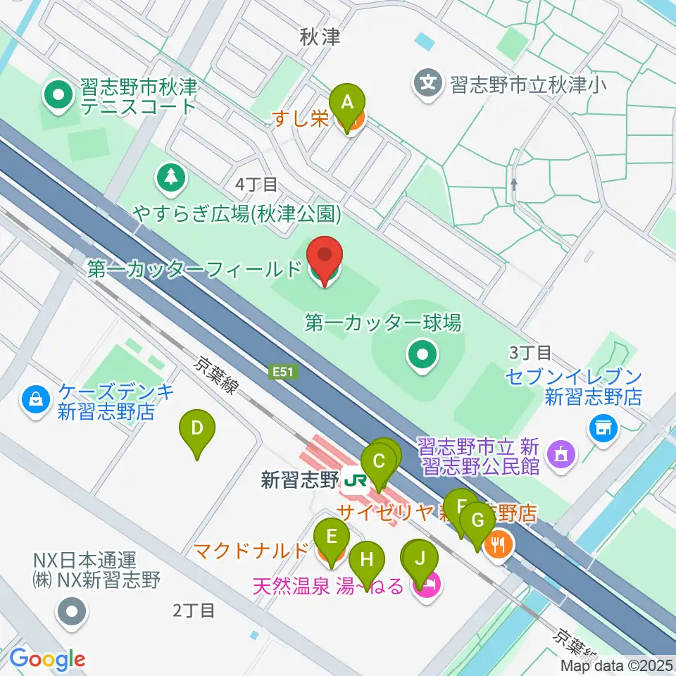 第一カッターフィールド周辺のファミレス・ファーストフード一覧地図