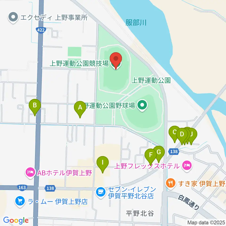 上野運動公園競技場周辺のファミレス・ファーストフード一覧地図
