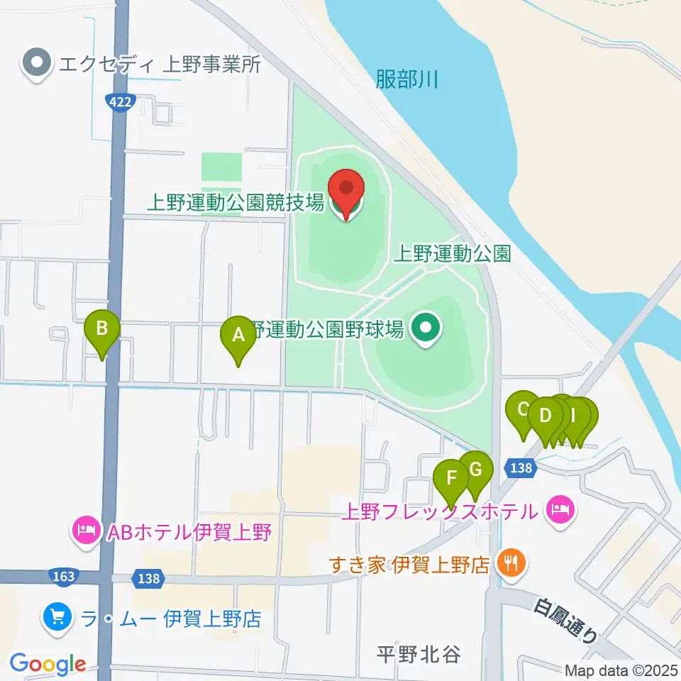 上野運動公園競技場周辺のファミレス・ファーストフード一覧地図
