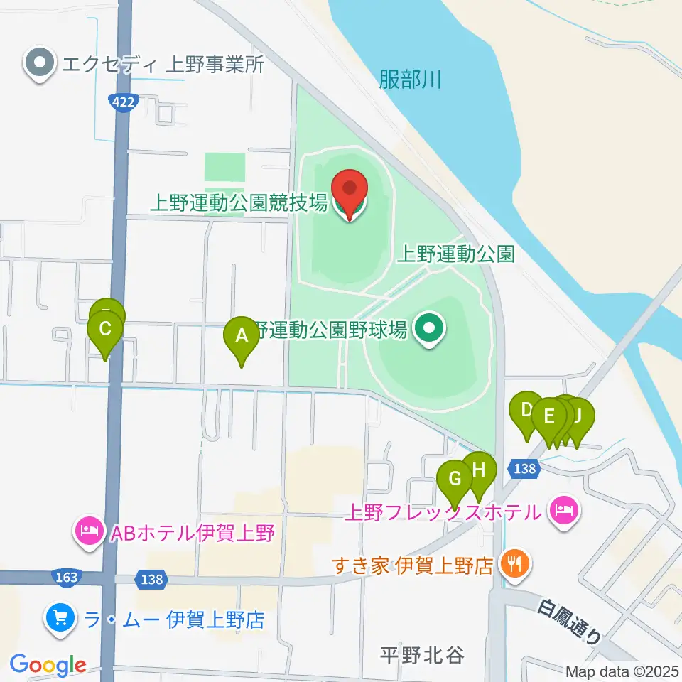 上野運動公園競技場周辺のファミレス・ファーストフード一覧地図