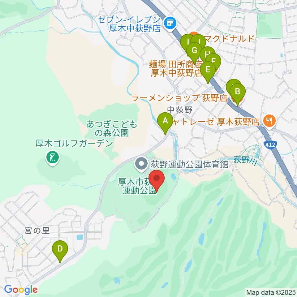 荻野運動公園競技場周辺のファミレス・ファーストフード一覧地図