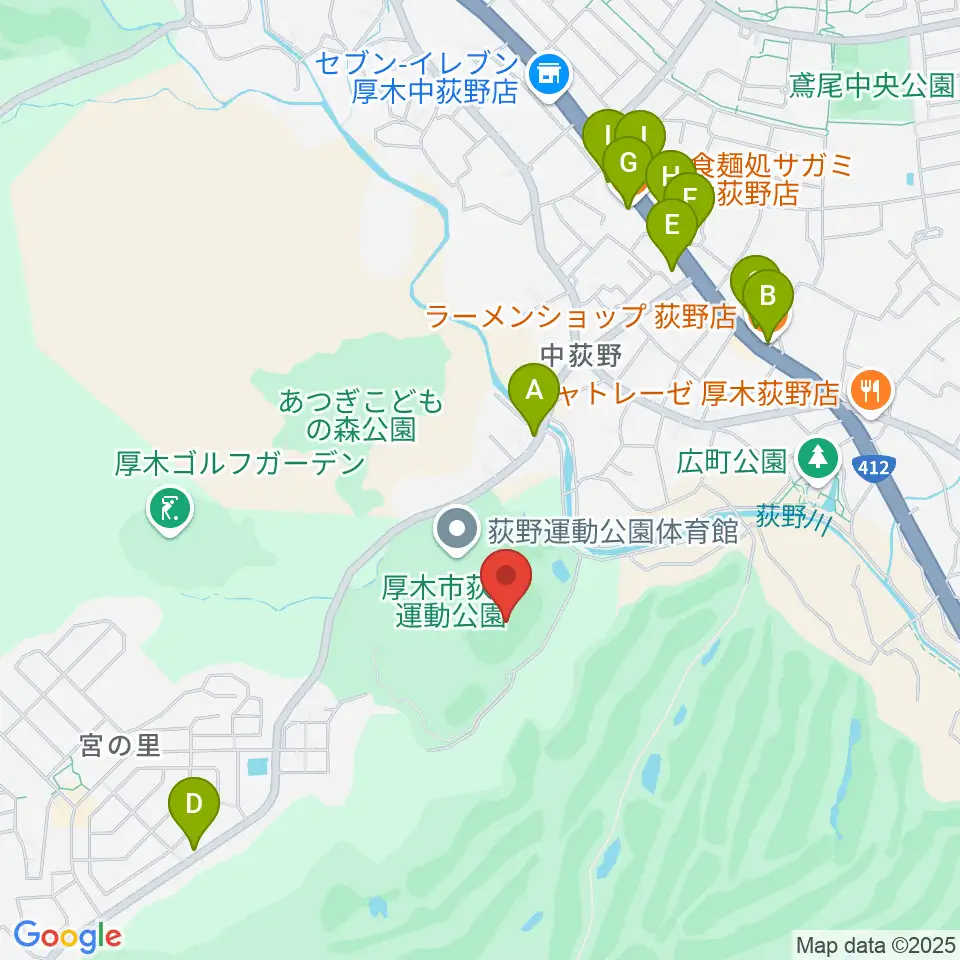 荻野運動公園競技場周辺のファミレス・ファーストフード一覧地図