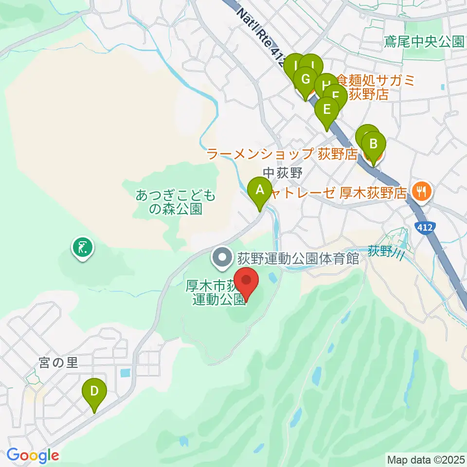 荻野運動公園競技場周辺のファミレス・ファーストフード一覧地図