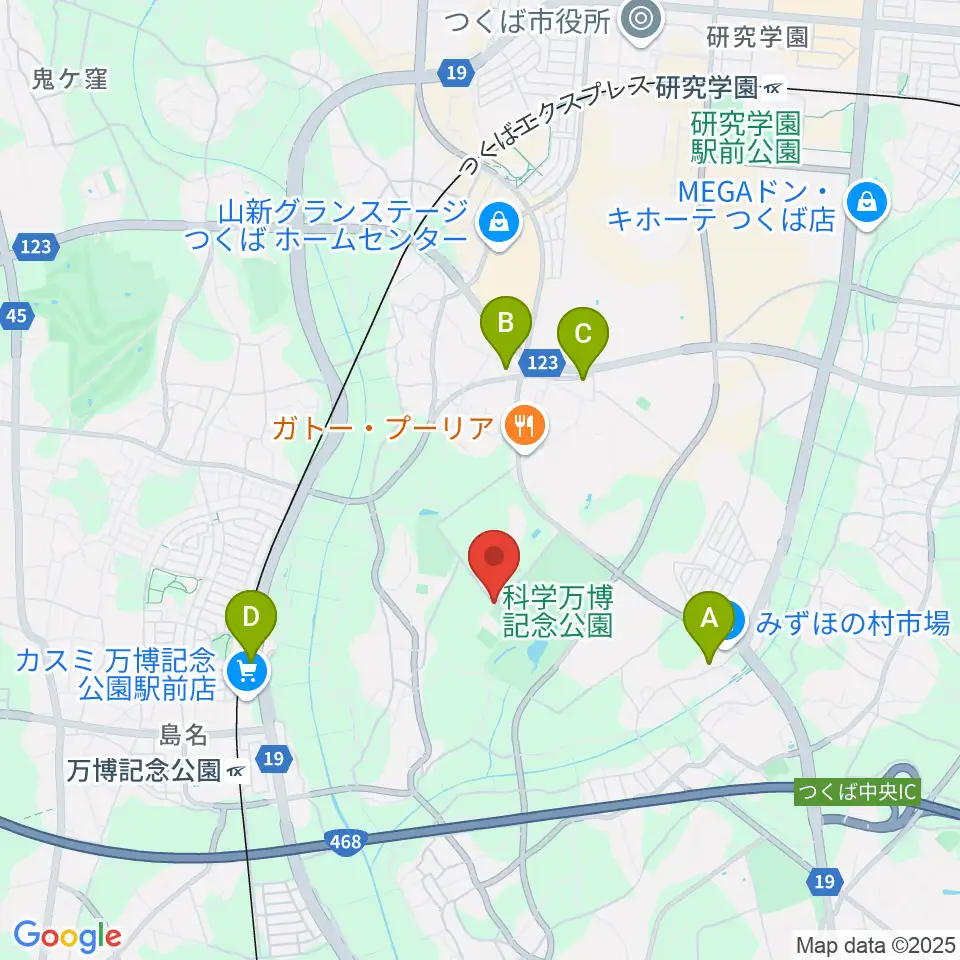 つくばFC万博グラウンド周辺のファミレス・ファーストフード一覧地図