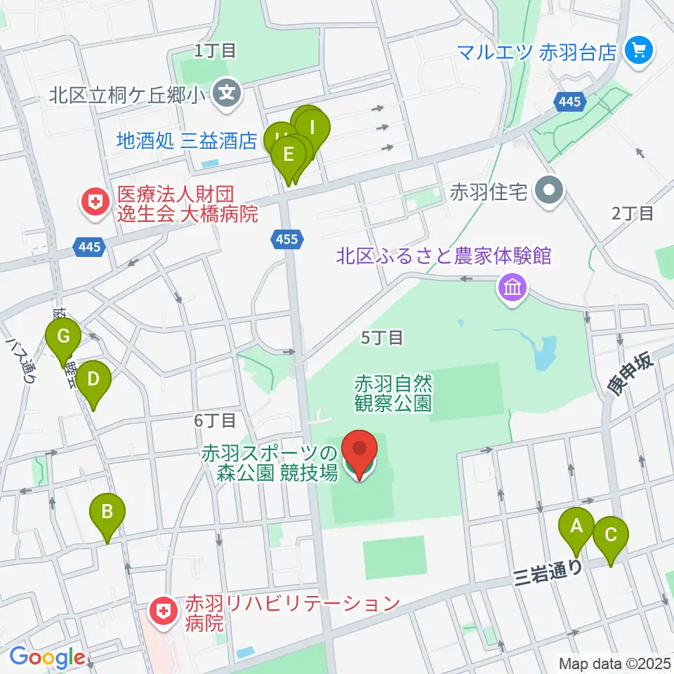 赤羽スポーツの森公園競技場周辺のファミレス・ファーストフード一覧地図