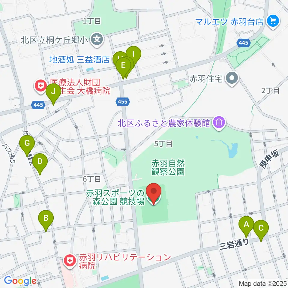赤羽スポーツの森公園競技場周辺のファミレス・ファーストフード一覧地図