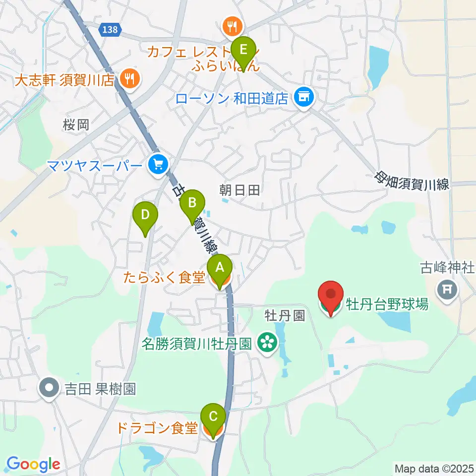 牡丹台野球場周辺のファミレス・ファーストフード一覧地図