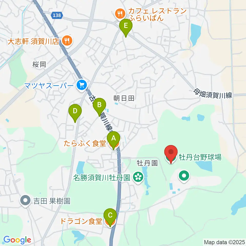 牡丹台野球場周辺のファミレス・ファーストフード一覧地図