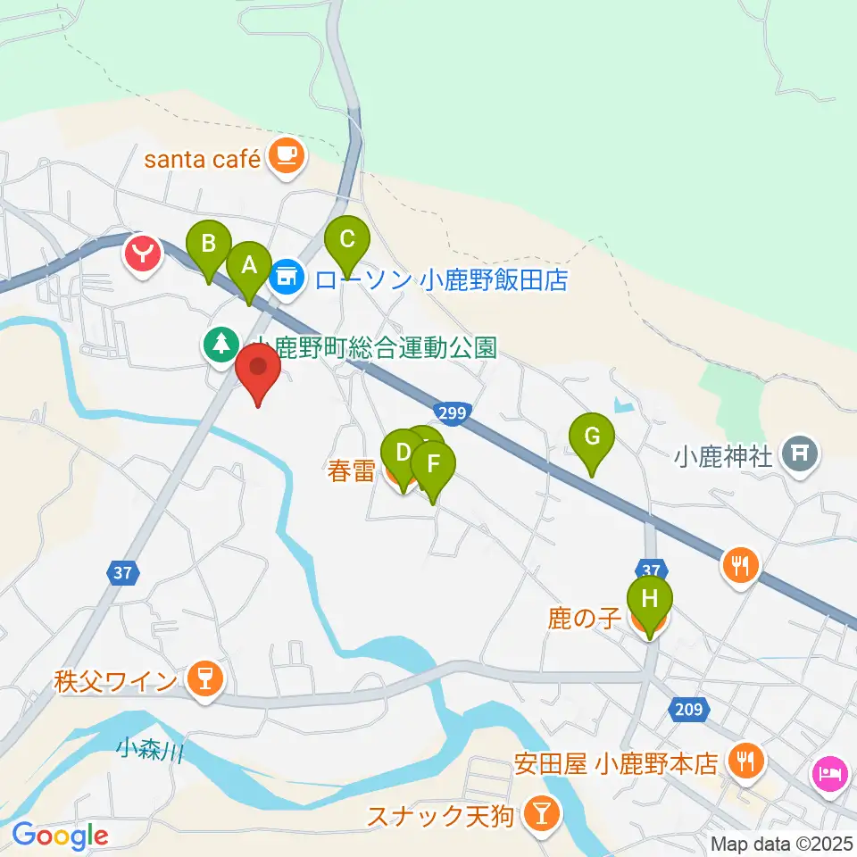 小鹿野町総合運動公園野球場周辺のファミレス・ファーストフード一覧地図