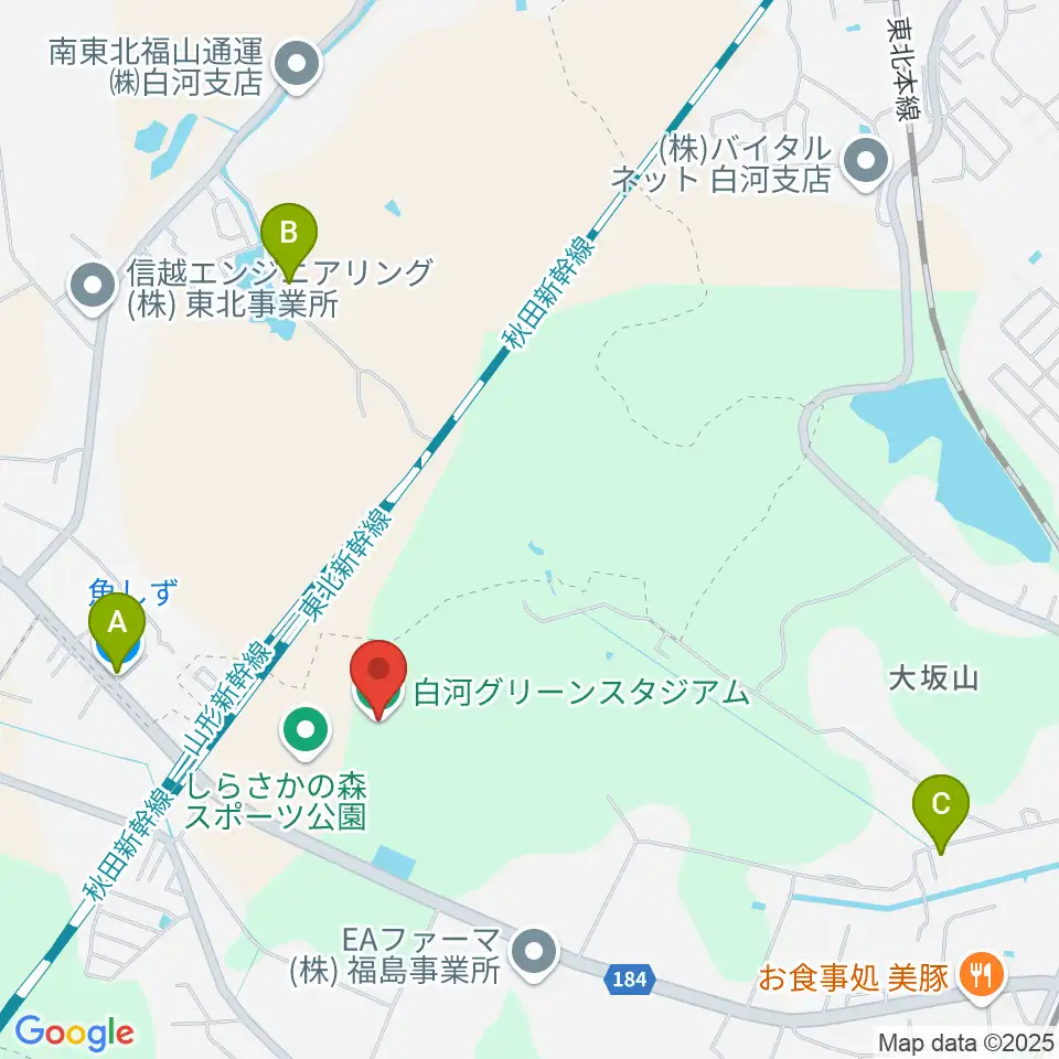 白河グリーンスタジアム周辺のファミレス・ファーストフード一覧地図