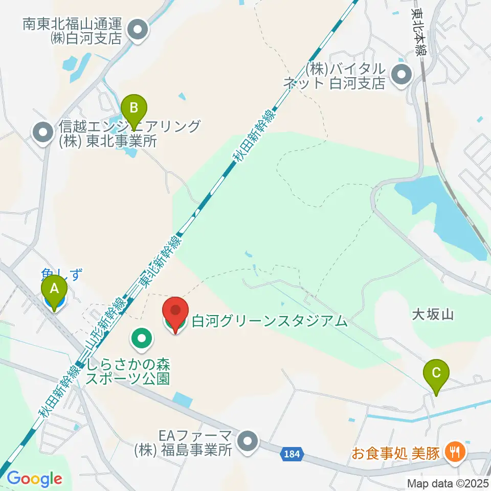 白河グリーンスタジアム周辺のファミレス・ファーストフード一覧地図