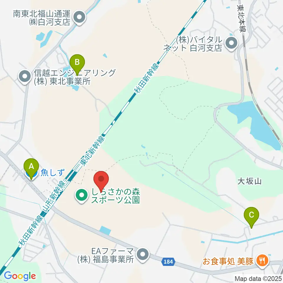 白河グリーンスタジアム周辺のファミレス・ファーストフード一覧地図