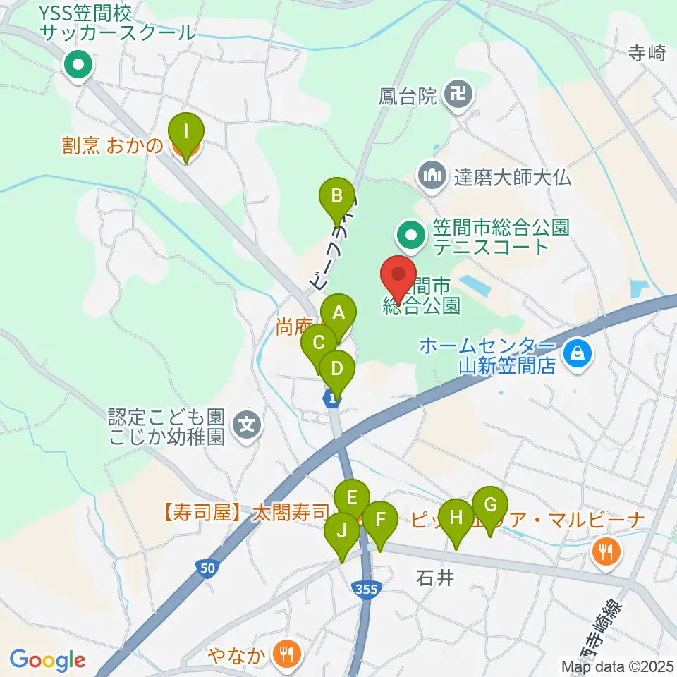 笠間市民球場周辺のファミレス・ファーストフード一覧地図